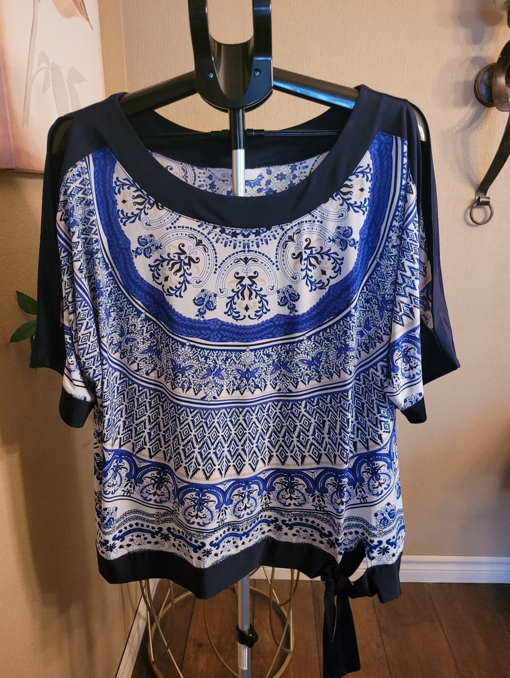 Cleo Plus Navy and White Ornate Blouse